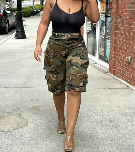 Tbahhir Women's Camo Cargo Denim Shorts High Waist Bermuda Knee Length - Army Green Medium