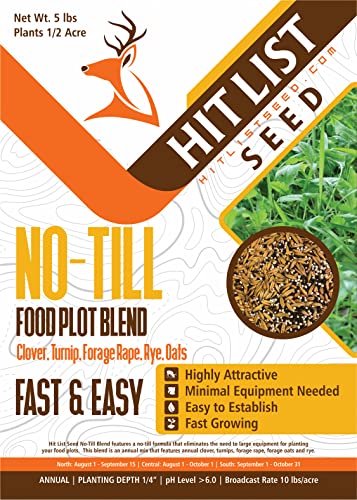 Hit List Seed 5 lb No-Till Food Plot Seed Mix with Crimson Clover, Turnips, Forage Brassica, Oats & Rye – 5 Pound Pack