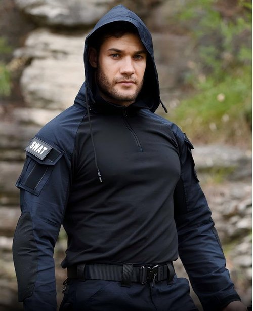 HAN·WILD Men's Tactical Shirt - Combat-Ready Long Sleeve with Elbow Pads & Camo Hooded Design