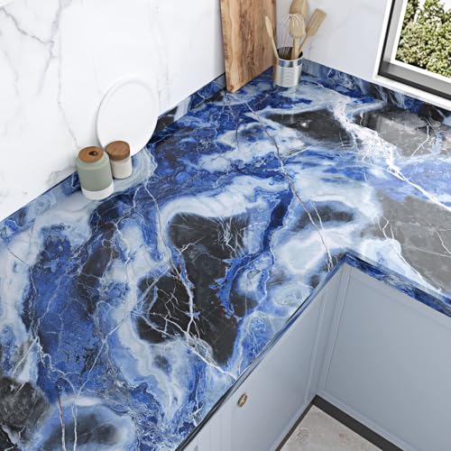 WESTICK Blue Glossy Marble Contact Paper for Countertops Self Adhesive Marble Counter Top Peel and Stick Waterproof Blue Granite Contact Paper for Kitchen Backsplash Table Desk Vinyl 15.8"x80"