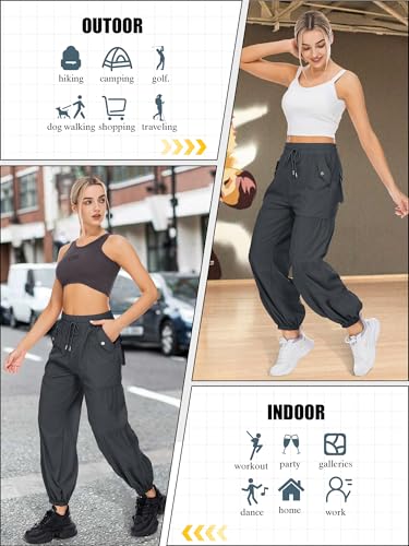 Cargo Pants for Women - Elastic Waist Wide Leg with 4 Pockets - Dark Grey, Medium