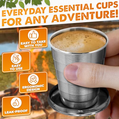 Collapsible Shot Glasses with Lid - 2 Pcs, Stainless Steel, 2.5 Oz