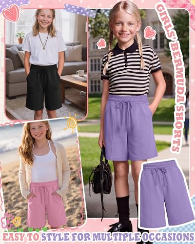 Girl's Knee Length Shorts - 3 Pack, 9-10 Years, Taro Purple, Pink, Black