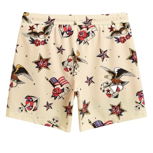 Maamgic Men's 7 Inch Swim Trunks with Compression Liner & Zippered Pockets - X-Large Beige & Red Eagle American Flag