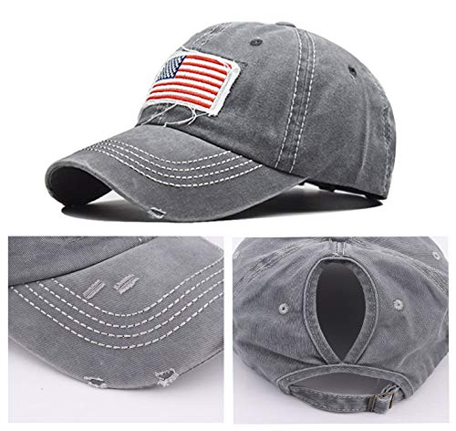 Distressed Ponytail Hat for Women - American Flag Cap - Grey