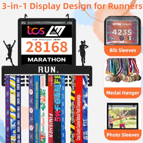 Race Bib & Medal Display - 16" Metal Hanger, Holds 45+ Medals, Black - Hers