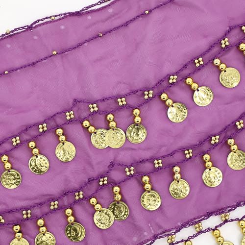 Belly Dance Hip Scarf Outfit - 3-Layer Gold Coin Design, Purple
