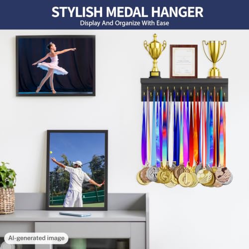 Wooden Medal Display Rack with 25 Steel Hooks - Trophy Shelf Organizer