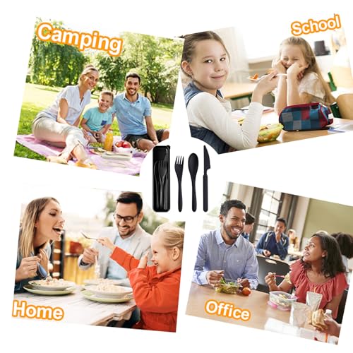 Reusable Travel Utensil Set with Case - Wheat Straw Portable Cutlery - Black