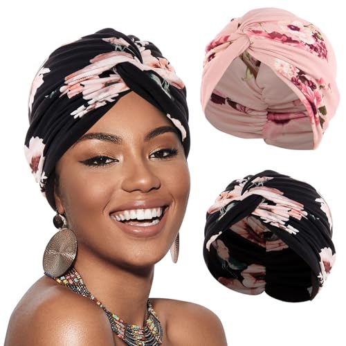 Printed Turbans for Women - Soft Pre-Tied Knot Head Wraps - Black & Pink