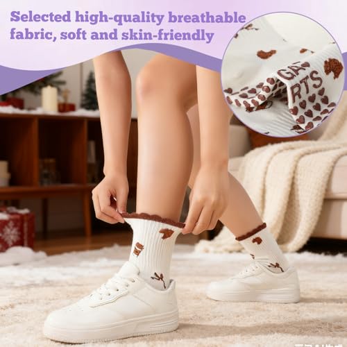 Pilates Socks for Women - Cute Ruffle & Embroidery, 5 Pairs - Red, Pink, Yellow, Purple, Brown