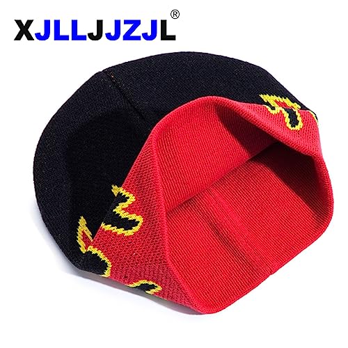 Red Medium-Large Fire Flame Beanie Baggy Slouchy Knit Rock Punk Ski Hat Skull Cap