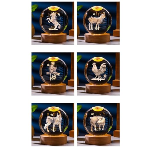 Luminous Crystal Ball Night Light - Rat, 8cm - Solid Wood Base