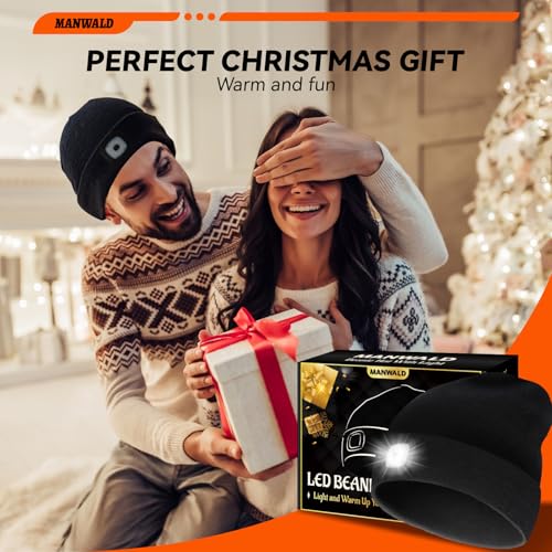 MANWALD Black LED Beanie Hat with Light, USB Rechargeable, Adjustable Brightness, Unisex Winter Hat - 1 Pack