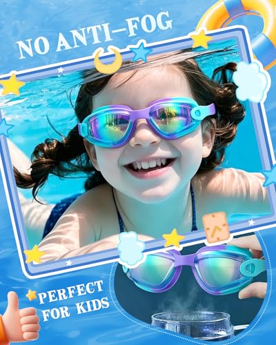 Kids Swim Goggles 2 Pack - Anti Fog & UV Protection - Purple Gold & Clear Blue