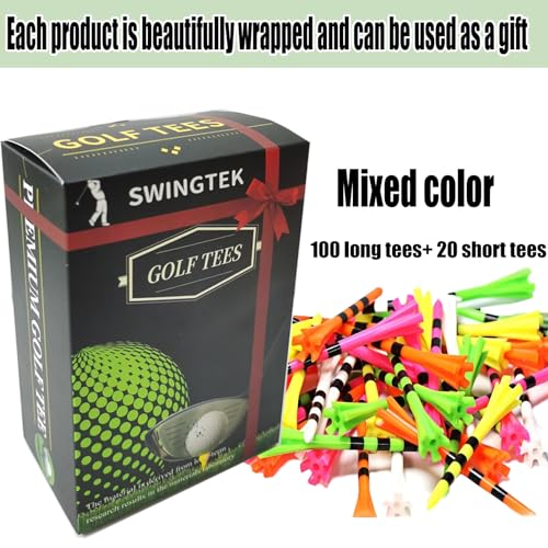 SWINGTEK 120 Golf Tees Set - 3-1/4" Long & Short Unbreakable Plastic Tees in Mixed Colors