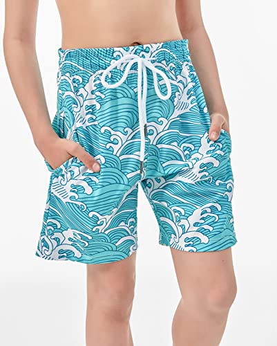 Boys Swim Trunks with Boxer Brief Liner - Quick Dry, Blue White Spray, Size 10-12