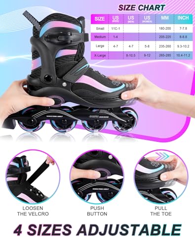 JIFAR Adjustable Inline Skates with Light-Up Wheels, Pink/Blue, Small (US 12J-2) for Ages 3-8