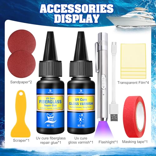 Fiberglass Boat Repair Kit with UV Light - Fast Drying, Mega Adhesion