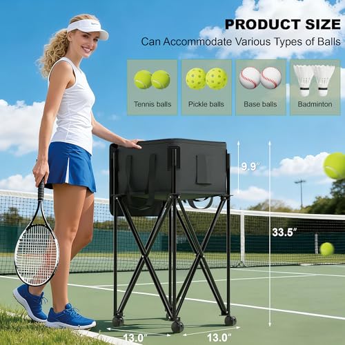 Lnmuzm Black Tennis Ball Hopper with Removable Bag & Wheels, Portable Tennis & Pickleball Basket for Training