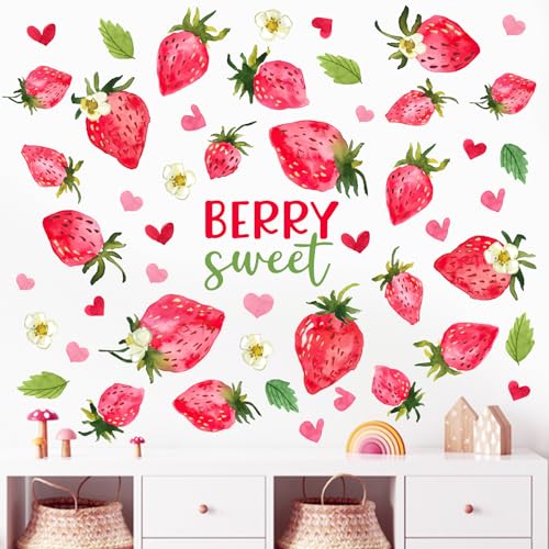 Mfault Spring Summer Strawberry Wall Decals Stickers, Berry Sweet Fruit Love Heart Decorations Girls Bedroom Art, Home Kitchen Kids Room Living Room Bathroom Decor