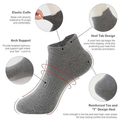 Men's Low Cut Ankle Socks - 6 Pack Cotton No Show Socks with Arch Support - Navy/Dark Gray/Light Gray