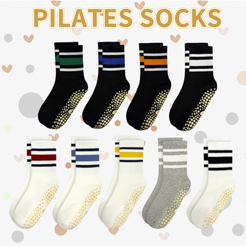 Yoga Socks for Women - 3 Pairs Non-Slip Crew Grip - White with Red, Yellow & Blue Stripes