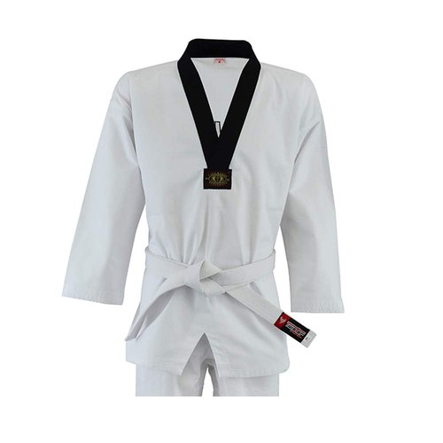 twister fight wear Taekwondo Uniform, 8oz Poly/Cotton, White Belt Included (BLACK-V, 0)