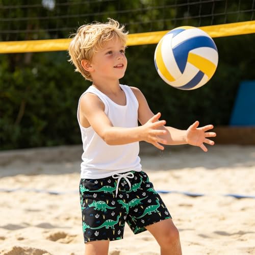 Boys Swim Trunks Quick Dry Board Shorts - Yellow Flower Black Dinosaur, 7-8 Years
