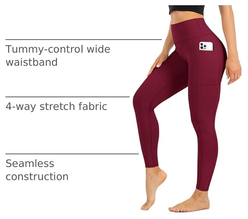 Blisset High-Waist Full-Length Leggings with Two Pockets, Burgundy, Small-Medium