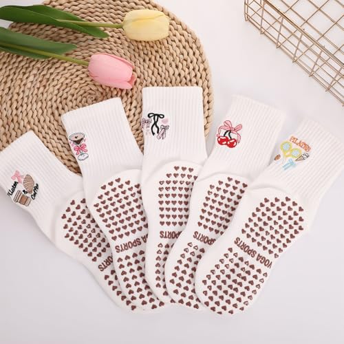 Pilates Socks with Grips for Women - Cute Ruffled - White Embroidery