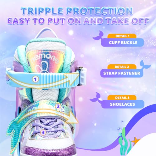 Light Up Adjustable Roller Skates for Girls - Mermaid Design - Blue Purple - Small