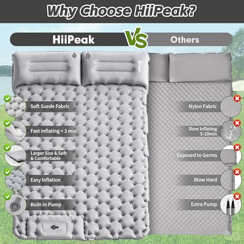 HiiPeak Double Sleeping Pad for Camping with Gray Suede Top, Built-in Foot Pump, 76x48x3in Portable 2-Person