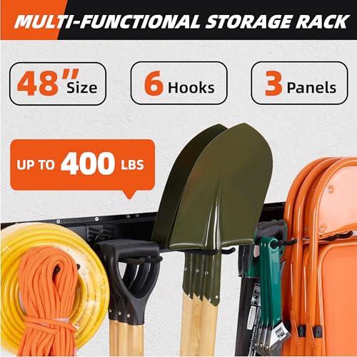 Garage Tool Organizer Wall Mount 48", Garage Wall Organizer 400 lbs, Heavy Duty Garages Organizers and Storage with Adjustable Hooks, Garden Tool Storage Rack for Shovels, Hoses, Ladders