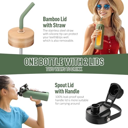 Kodrine 32oz Glass Water Bottle with 2 Lids - Olive