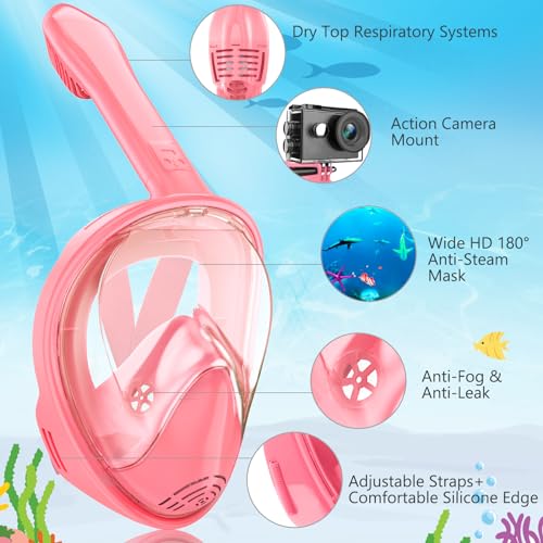 Kids Full Face Snorkel Mask with Camera Mount - Blue & Pink