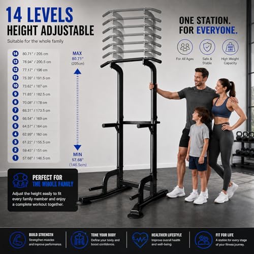 Adjustable Power Tower Pull Up Bar Station - Black