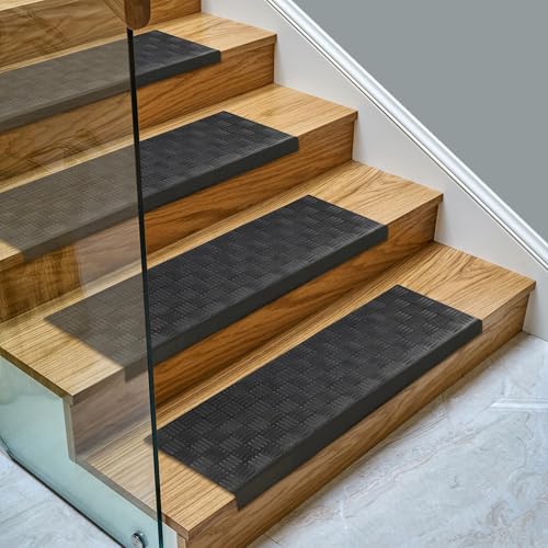 Ottomanson All-Weather Bullnose Rubber Stair Treads ? Non-Slip Step Mats for Wooden, Concrete, or Outdoor Stairs, Easy Maintenance, Tool-Free Placement, Pack of 5, 10" x 30", Black Ribbed Squares