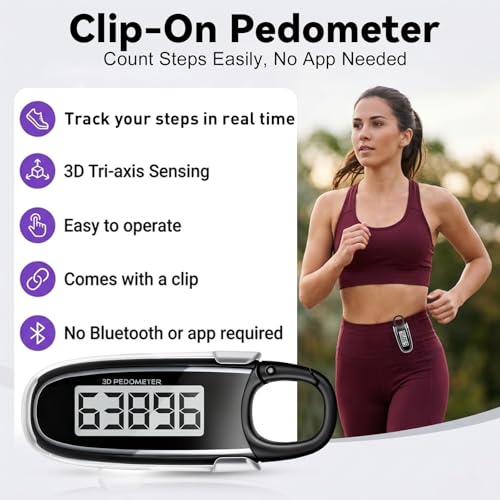 3D Pedometer Step Counter with Clip & Carabiner - Black