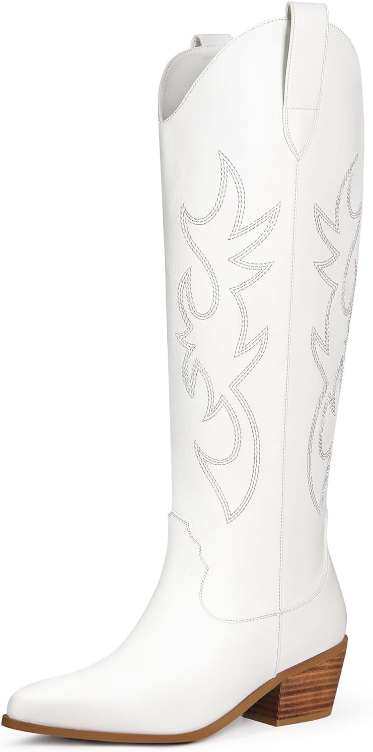 Ouepiano White Cowgirl Boots - Women's Knee High Chunky Heel Western Style | Pointed Toe, Wide Calf