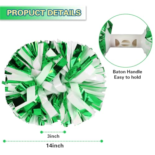 Lovecheer Green and White 2PCS Cheerleading Pom Poms with Baton Handle - Kids & Adults Sports Cheer Accessories