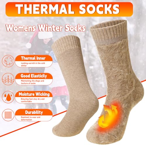 Velice Thermal Winter Socks for Women - Extra Thick Insulated Heated Crew Socks - 1 Pair, Black/Brown/White, One Size