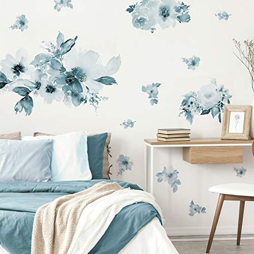 RoomMates RMK4708GM Watercolor Floral Peel and Stick Wall Decals, Blue