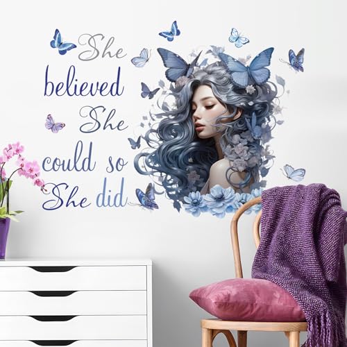 Blue Inspirational Wall Quote Decals She Believe She Could So She Did Wall Stickers DIY Peel and Stick Butterfly Positive Sayings Mural for Women Girls Bedroom Living Room Wall Decor