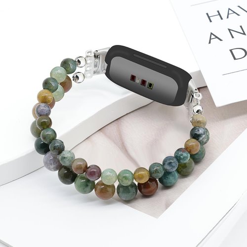 C&L Accessories Bracelets Compatible with Fitbit Inspire 3 Bands for Women, Beaded Wristband Adjustable Gemstone Replacement Straps for Fitbit Inspire 3 (Indian Agate)