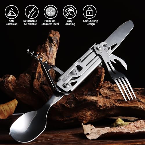 POXIMO 6-in-1 Portable Camping Utensils Set Stainless Steel Flatware Multi-tool