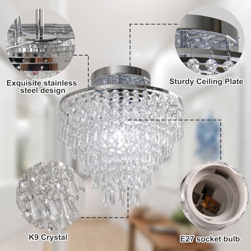FRIXCHUR 11.8" Crystal Chandelier Chrome Flush Mount Ceiling Light 5 Tiers Raindrops Silver Chandeliers for Bedroom Hallway Living Room,E26 Base