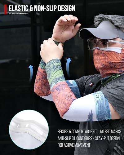 Neck Gaiter and Arm Sleeves Set - UPF 50+ Cooling, Large - White & Green