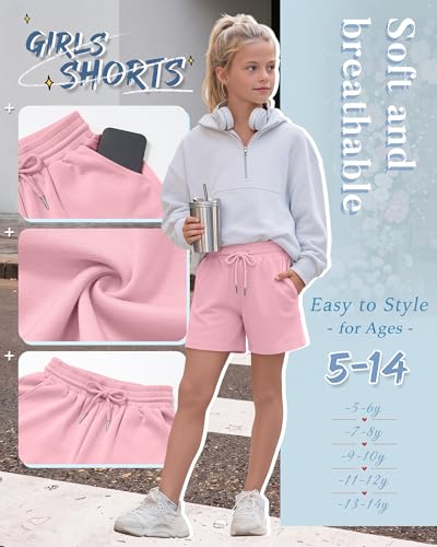 Girls Athletic Shorts - 3 Pack with Pockets, Drawstring, 13-14 Years - Black, Pink, Light Heather Gray