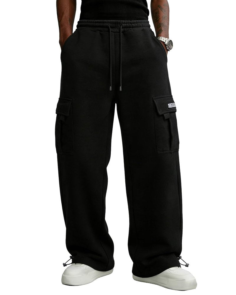PIDO YOGA Men's Cargo Sweatpants Cotton Fleece Loose Fit Casual Jogging Hiking Pants Open Bottom Sweatpants for Men Athletic Workout with Pockets,Black